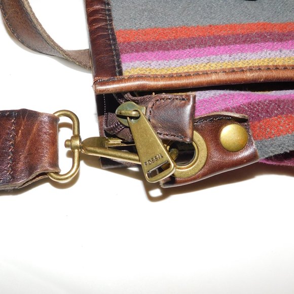 Fossil Striped Wool & Leather Crossbody Handbag Purse - Picture 8 of 13